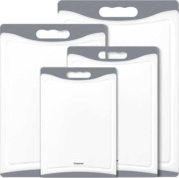 Extra Large Cutting Boards, Plastic Cutting Boards for Kitchen (Set of 4) Cutting Board Set Dishwasher Safe Chopping Board with Juice Grooves Easy-Grip Handles, Grey, Empune
