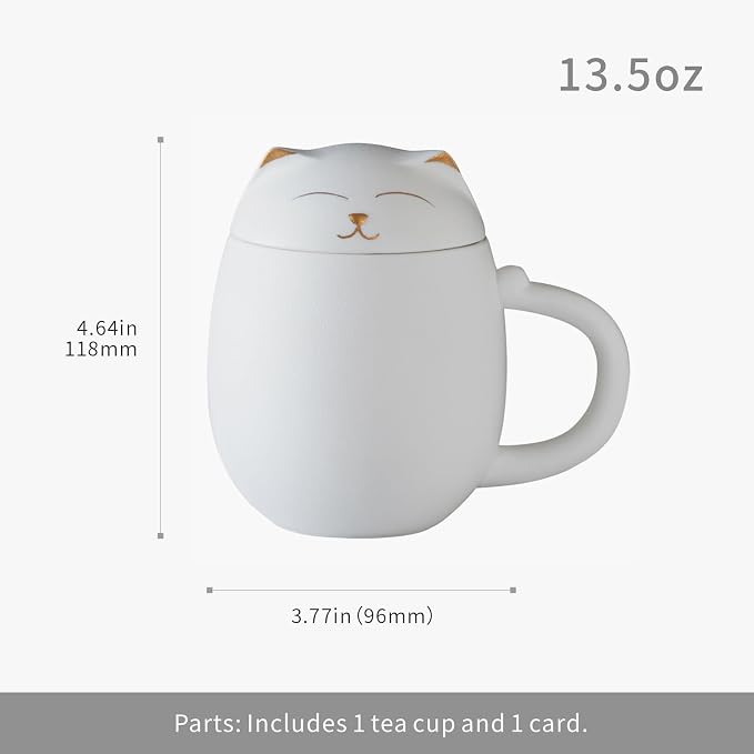 HEER Cat Ceramic Tea Mug 13.5oz with Infuser and Lid, White | Cat Lover & Cat Mom Birthday Gift for Women, Perfect for Loose Leaf Tea, Tea Strainer Cup for Home & Office Use