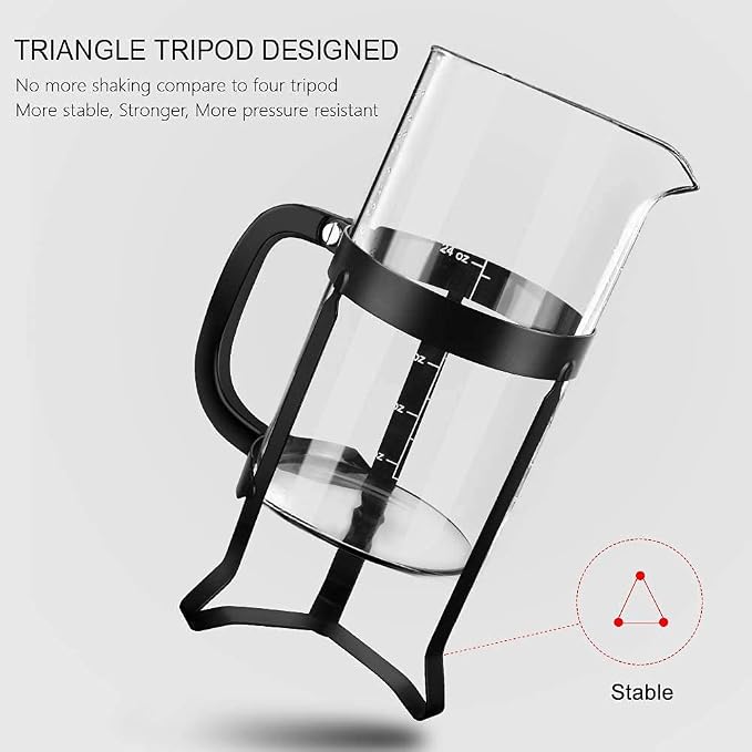 QUQIYSO French Press 34oz, Stainless Steel and Thickened Glass Coffee Maker | 4 Filter Heat-Resistant Borosilicate Glass Coffee Press, Easy to Clean, Suitable for Kitchen Party Camping Gifts(Black)