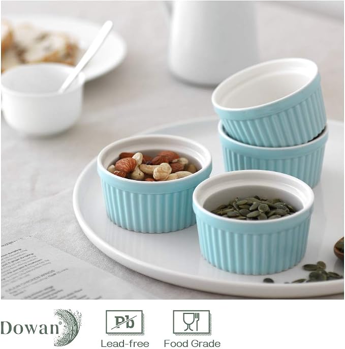 DOWAN 4 oz Ramekins for Creme Brulee, Porcelain Ramekin Oven Safe, Classic Style Ramekins for Baking Souffle Dishes Small Bowls Custard Cup, Set of 6, Blue