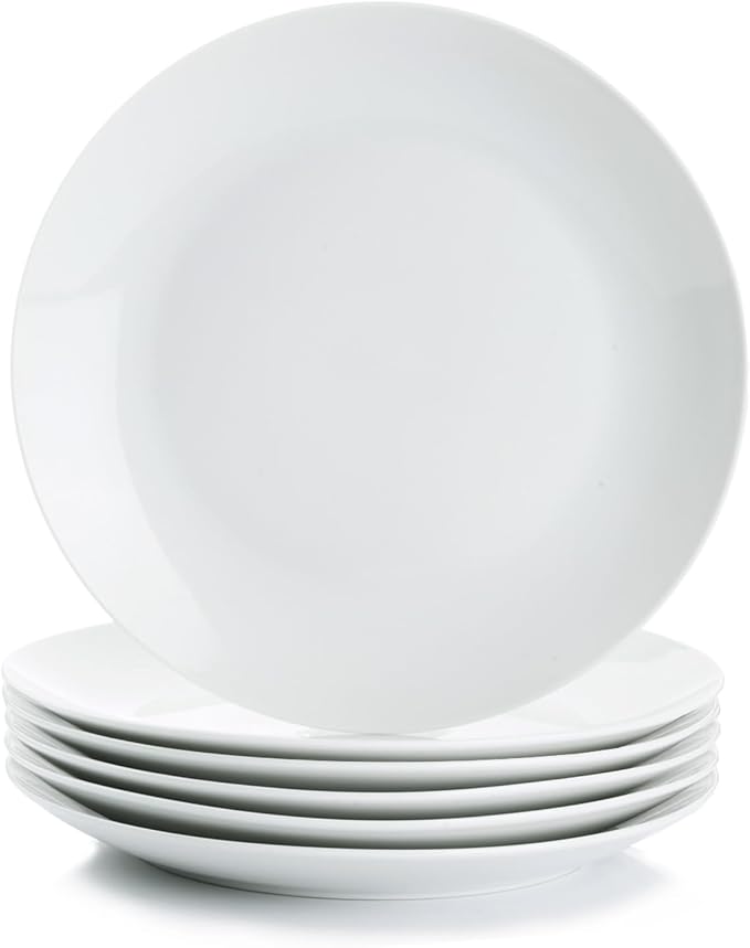Miicol Ceramic Dinner Plates Set of 6, White Dessert Plates 9 Inch, Modern Round Porcelain Dishes for Steak, Pasta, Salad, Fruit, Microwave & Dishwasher Safe, Stackable