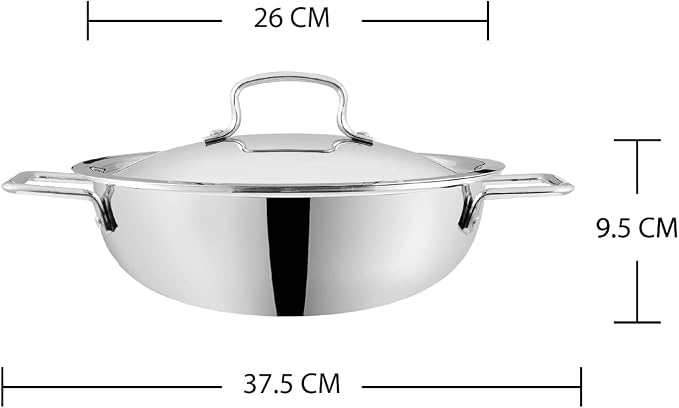 Vinod Platinum Triply Kadai, Extra Deep, 26cm, Induction, for Home Kitchen | Stainless Steel Wok For Sauces, Stews And Soups; Electric Stove Compatible, Durable Tri-Ply Base
