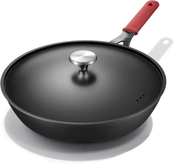 Carbon Steel Pan, 12 Inch Nonstick Frying Pan Skillet with Lid | Pre-Seasoned Carbon Steel Cookware with Removable Silicone Handle Holder, Indoor/Outdoor, Induction & Oven Safe