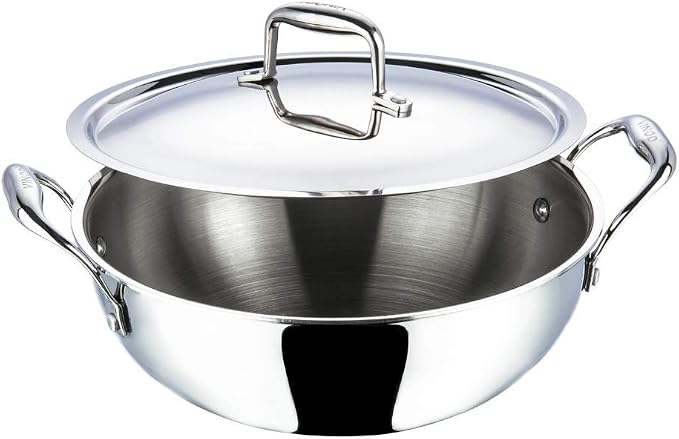 Vinod Platinum Extra Deep Kadai, 24cm, Stainless Steel, Durable Cookware | 3.3 Litre Capacity Wok For Home Kitchens; Great For Curries, Frying And Everyday Indian Cooking
