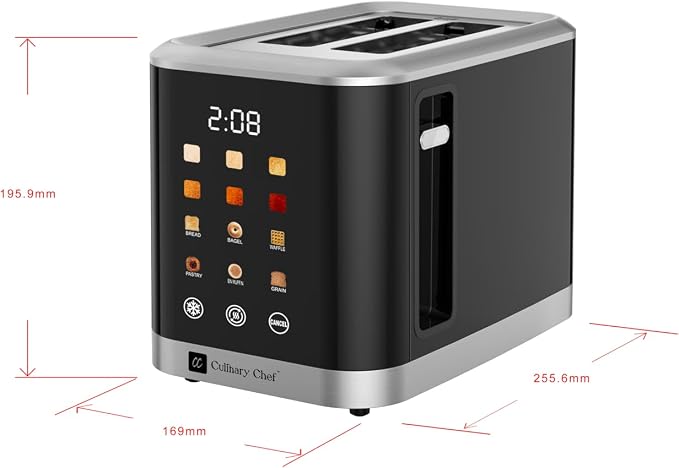 MAGNAVOX HOME, 2 Slice Smart Toaster, Touchscreen, Wide Slot for Bread, English Muffins, Croissants, and Bagels, 5 Adjustable Toast Settings, Cancel and Defrost, 6 Bread Types & Shade Settings