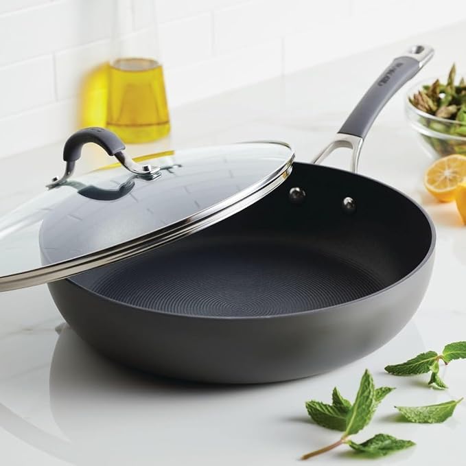 Circulon Radiance Hard Anodized Nonstick Deep Frying Pan with Lid, 12 inch Frying Pan with Lid, Deep Skillet, Gray