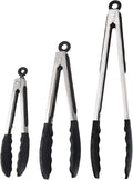Kitchen Tongs with Silicone Tips, Kitchen Tongs, Cooking Tongs, Premium Stainless Steel Locking Cooking Tongs, Non-Slip Food Tongs for Cooking, Heavy Duty, Non-Stick, 480℉, Set of 3-7"/9"/12" Black