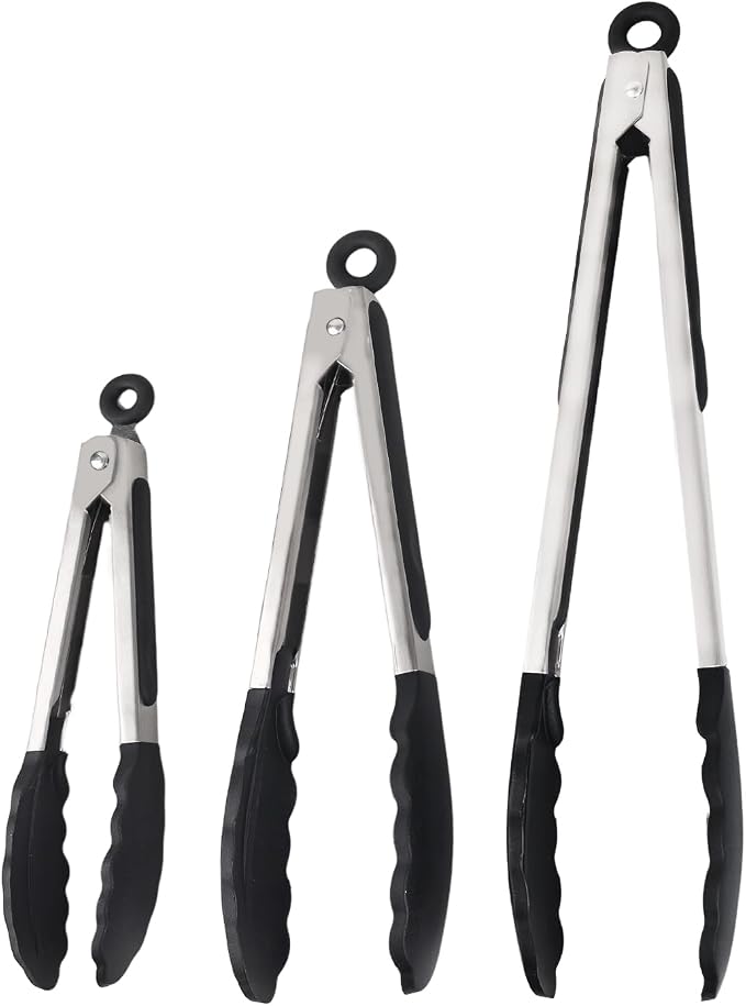 Kitchen Tongs with Silicone Tips, Kitchen Tongs, Cooking Tongs, Premium Stainless Steel Locking Cooking Tongs, Non-Slip Food Tongs for Cooking, Heavy Duty, Non-Stick, 480℉, Set of 3-7"/9"/12" Black