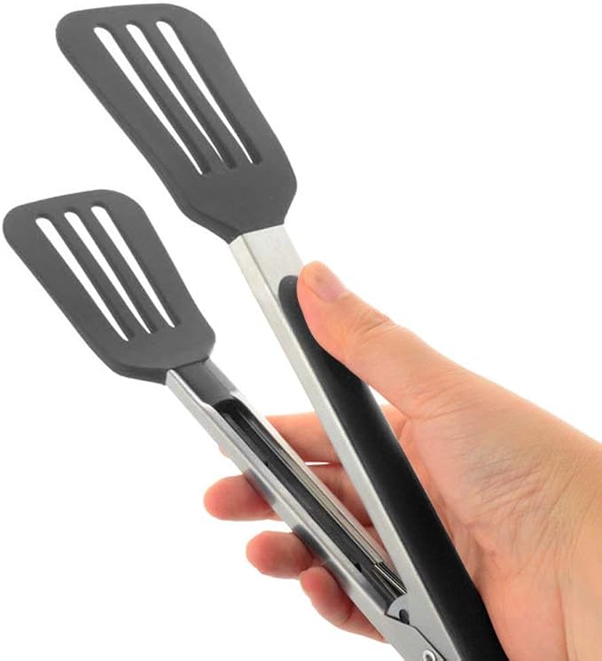 12 Inch Stainless Steel Silicone Cooking Tong (Black) | Kitchen Silicone Tong Heat Resistant Meat Turner Spatula Tongs Fish Tongs for Grilling Steak Salad Pasta Buffet Serving