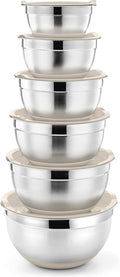 P&P CHEF Stainless Steel Mixing Bowls With Lids, Set of 6, Khaki | Salad Nesting Mixing Bowls & Fitting Lids & Non-Slip Silicone Bottom, Ideal for Mixing, Storing, Size 0.7/1/1.5/2.5/3/4.6 Qt