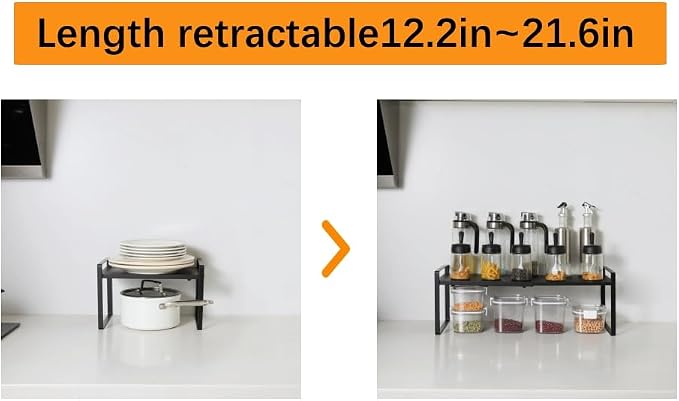 2-Pack Expandable Shelf Organizer for Kitchen Countertop, kitchen organizers and storage，under sink expandable shelf organizer (black, 8.2’’D * 12.2-21.6’’W * 7.7’’H)