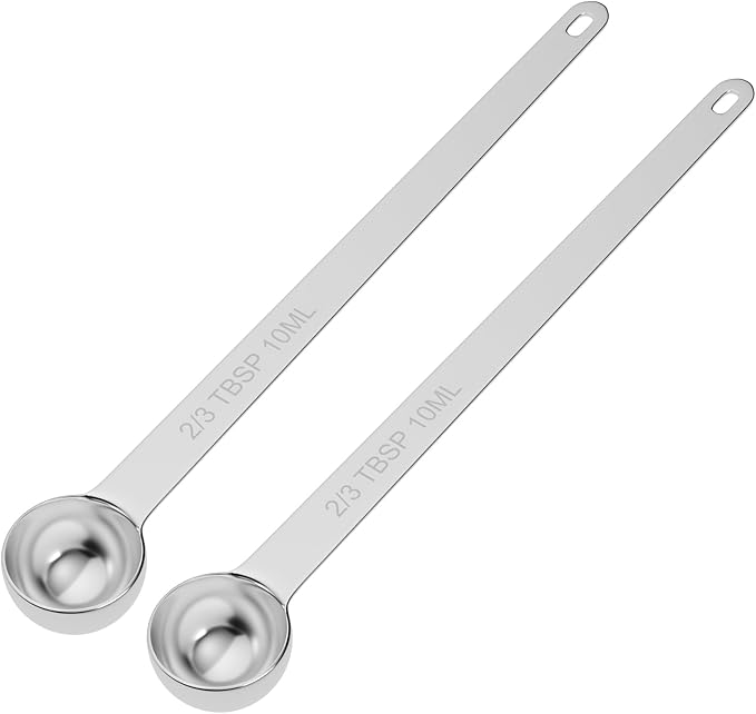 2PCS 2/3TBSP(10ml) Extra Long Handle Measuring Spoon, 18/8 Stainless Steel | Food-Grade SS 304, Accurate, BPA-Free, Dishwasher Safe, Engraved Marking, Kitchen Essential