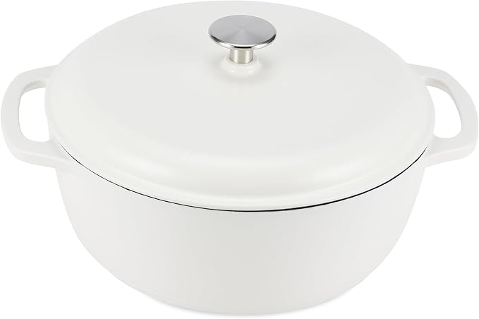 Amazon Basics Enameled Cast Iron Dutch Oven Pot with Lid, Round, Dual Handles, Heavy-Duty, Oven Safe for Stews, Roasting, Baking, 6-Quart, Matte White