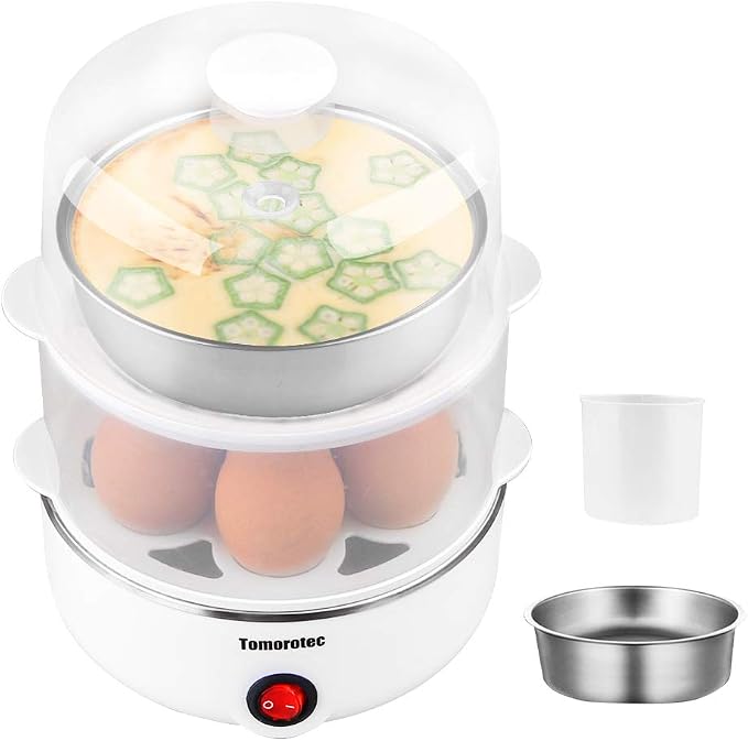 Tomorotec 14 Egg Cooker, Electric Hard Boiled Egg Boiler & Poacher, Steamer | 2-Tier Auto Shut-Off, for Vegetables, Seafood & Dumplings, Stainless Steel Plate, BPA Free, See-Through Lid, Easy Clean