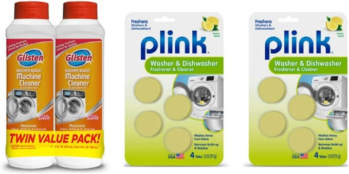 Glisten Washer Magic Washing Machine Cleaner and Deodorizer 2 Bottles and Plink Freshener Tabs 2-Pack