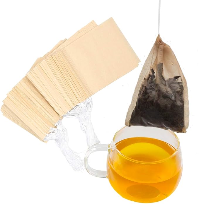 Tea Filter bags, safe and natural material, disposable tea infuser, empty tea bag with drawstring for loose leaf tea, set of 100（3.15 x 3.94 inch ） (Initial)