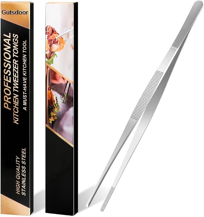 Gutsdoor 8 Inch Plating Tweezers Stainless Steel Precision Culinary Tweezer Silver Kitchen Straight Tweezers Tongs
