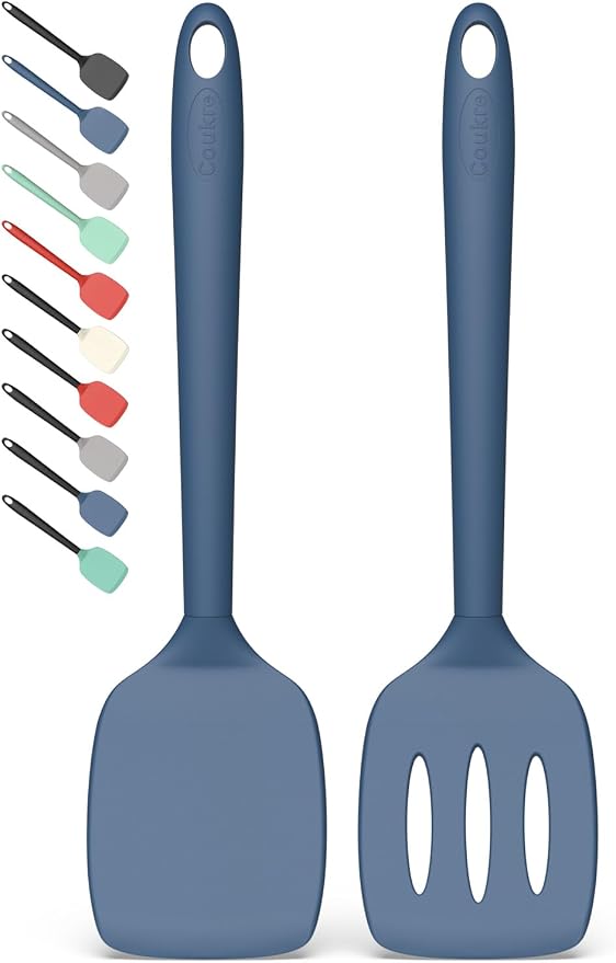 Coukre 2 Pack Silicone Spatula Set,High Heat Resistant, BPA-Free | Dishwasher Safe Kitchen Spatula for Nonstick Pans, Solid & Slotted Turners for Cooking, Sautéing, and Flipping, PureDarkBlue