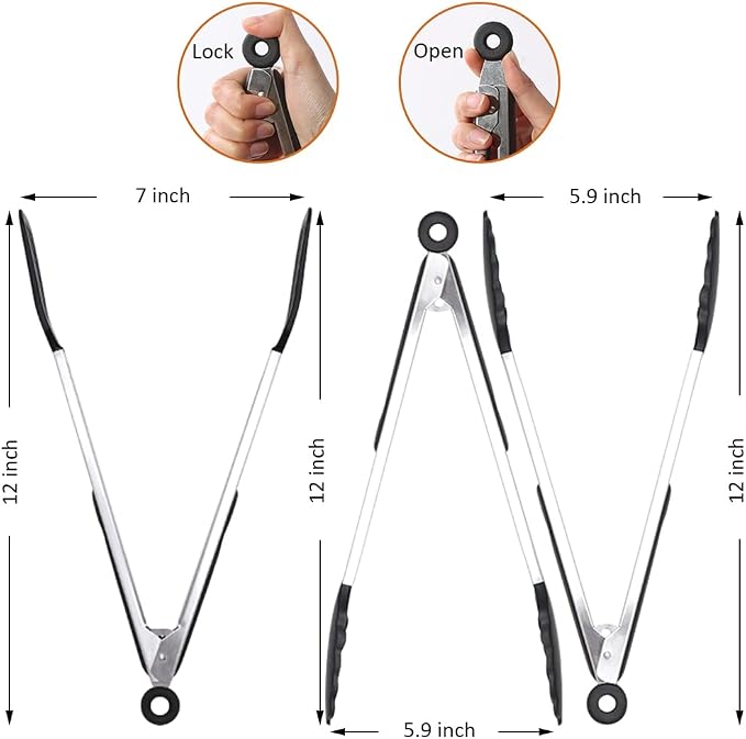 12 Inch Kitchen Tongs Set of 3, Silicone Tongs with Silicone Tips | Stainless Steel Handle, Non-Scratch, Heat Resistant, for Cooking, Baking, Grilling