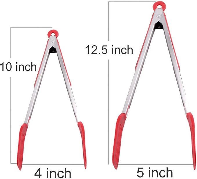 Cooking Tongs 9" and 12" Stainless Steel Kitchen Silicone Serving Tongs | Heat Resistant Meat Turner Spatula Tong Fish Tongs for Grilling Steak Salad Pasta Buffet Serving (Red)