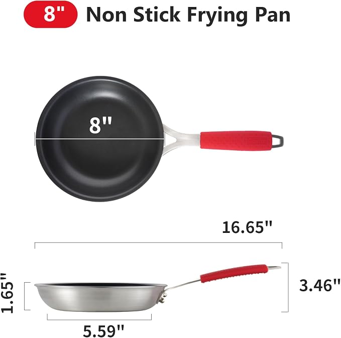 8 Inch Nonstick Frying Pan, Tri-Ply Clad Stainless Steel Skillet with Reinforced Coating, Detachable Handle with Sleeve, Dishwasher & Oven Safe, Induction Compatible, PFOA-Free Fajita Pans