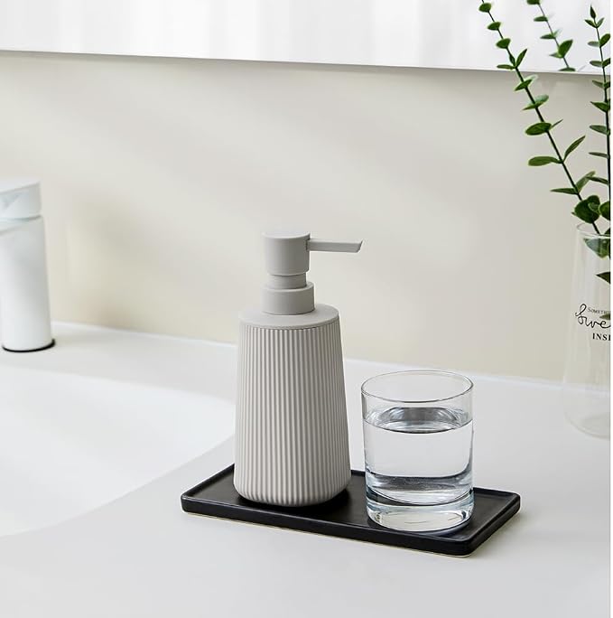 YAUKPH Small Soap Dispenser for Bathroom and Kitchen Matte Beige | Modern Farmhouse Striped Style Plastic Hand Soap Dish Soap Dispenser with Pump
