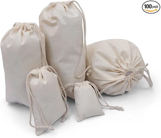 100Pcs Premium Cotton Muslin Double Drawstring Bags - 6 x 10 Inches Reusable Produce Bags for Party, Wedding, Home Storage - Natural Jewelry Pouch