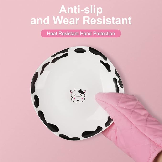 AUAUY Pink Oven Mitts, 1 Pair Kitchen Mittens, 392°F Heat Resistant | Oven Gloves Non-Slip Kitchen Gloves for Oven, BBQ Gloves-Oven Mitts Infill Cotton Cooking Gloves for Oven Grilling Baking