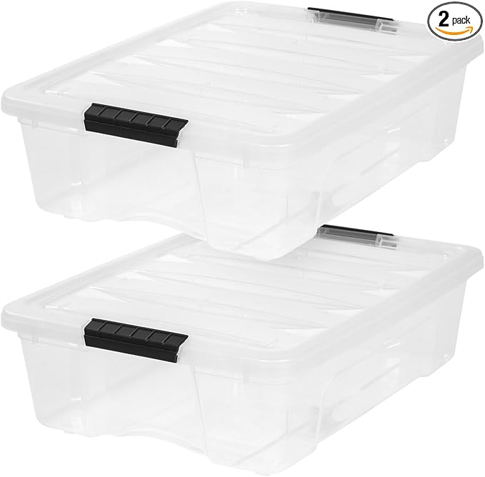 IRIS USA 2-Pack 27 Quart Storage Bins with Lids, Clear | Transparent design makes contents easy to find, Ideal for linens, décor, closet storage, and supplies, Saves space