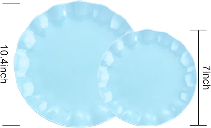 LIYH 24 Pcs Blue Plastic Plates Reusable - Unbreakable Light Blue Scalloped Plates,Dishwasher Safe Camping Plate for Parties,Birthday,Picnics,BPA Free (12Guests)