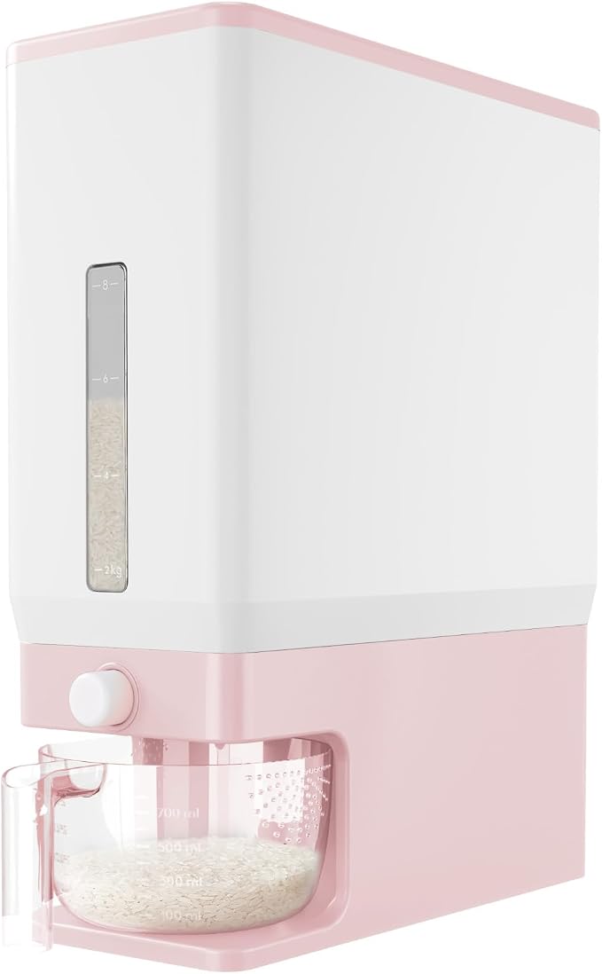 Lifewit Rice Dispenser 25 Lbs, Airtight Storage with Measuring Cup, Pink | BPA-Free 11.3kg Capacity Storage Container for Beans, Corn & Other Small Grains, One-Press Dispensing Bin for Kitchen Pantry