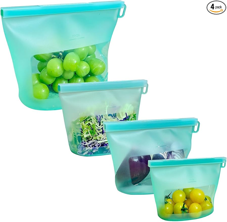 Reusable Silicone Food Storage Bags (Set of 4), Dishwasher Oven Microwave Freezer Safe, Eco-Friendly Leakproof Sous Vide Bags, Premium Lunch Containers, 1 Snack 2 Sandwich 1 Half Gallon, Mint