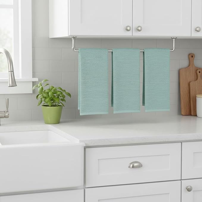 Seafoam Sage Aqua Green Kitchen Dish Towels, 3 PC, 100% Cotton, 18" x 28" | Terry Loop Ribbed Textured, Soft & Absorbent Cleaning Cloth, Quick Dry, Multipurpose for Everyday Use