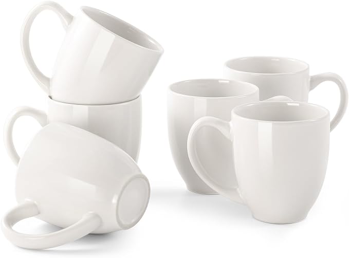 DOWAN Coffee Mugs, White Coffee Mugs Set of 6, 16 oz Ceramic Coffee Cups with Large Handles for Men Women, Porcelain Big Mug for Tea Latte, Mug Gifts for Home Office Party