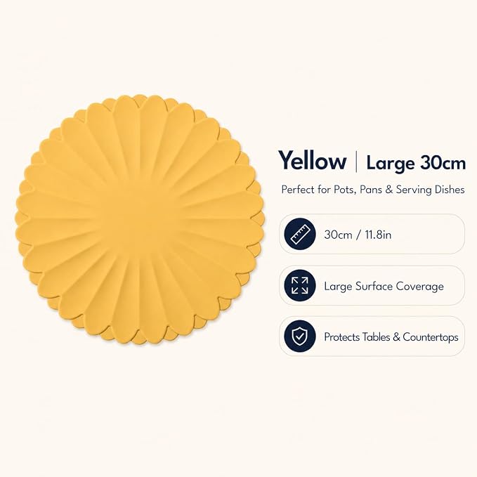 Heat-Resistant Silicone Trivet Mats, Non-Slip Hot Plate Holder for Kitchen Countertops & Dining Table, Reusable Pot Holder Pad with Secure Grip, Dishwasher Safe (Yellow, Diameter: 30cm/11.81")