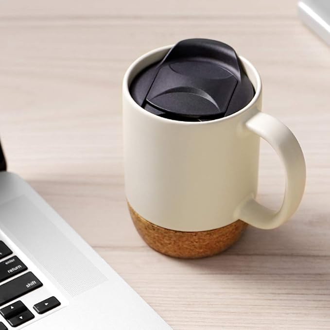 DOWAN Coffee Mugs Set of 2, 15 OZ Ceramic Mug with Cork Bottom and Splash Proof Lid, Large Coffee Cup with Handle for Tea Latte, Beige