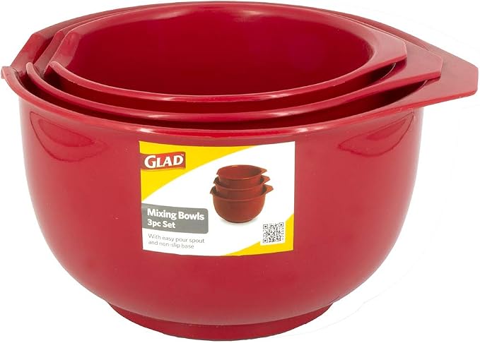 Glad Mixing Bowls with Pour Spout, Set of 3 | Nesting Design Saves Space | Non-Slip, BPA Free, Dishwasher Safe Plastic | Kitchen Cooking and Baking Supplies, Red