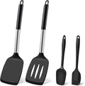 Silicone Spatula Set, Heat Resistant Solid & Slotted Turner for Non-Stick Pans, BPA-Free Silicone Cooking Utensils, Flexible Spatula for Flipping Eggs, Burgers, Pancakes, Fish, Black, 4 PCS-A