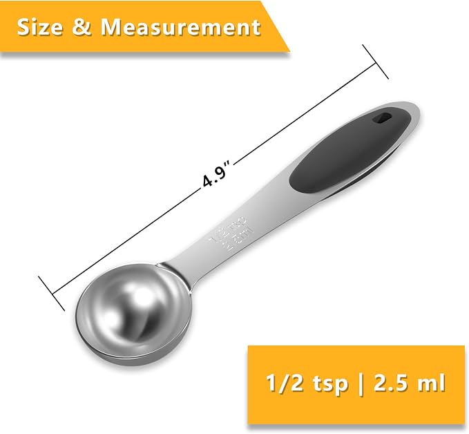1PCS 1/2Tsp(2.5ml) Measuring Spoon, Stainless Steel Measure Scoop | Accurate, BPA-Free, Dishwasher Safe, Silicone Grip, Engraved Marking, Kitchen Essential