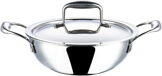 Vinod Platinum Triply Kadai with Lid, Extra Deep, 26cm, for Home Kitchen | Induction And Electric Friendly Stainless Steel Wok; Suited For Indian Sauces, Stews And Soups