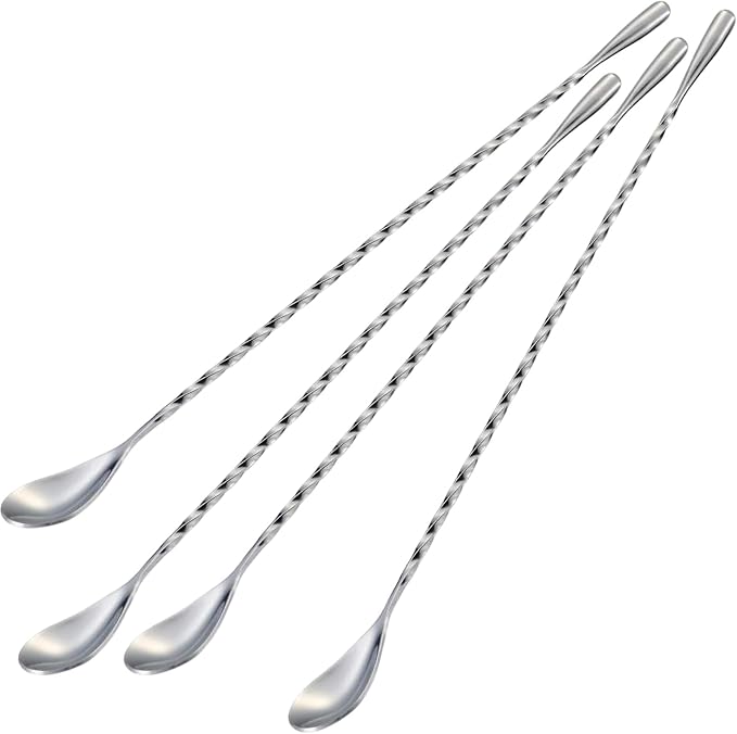 Bar Spoon Cocktail Mixing Stirrers, 4Pcs, 12” Long Handle, Silver | 18/8 Stainless Steel, Long Drink Spoons, for Stirring Coffee & Cocktails