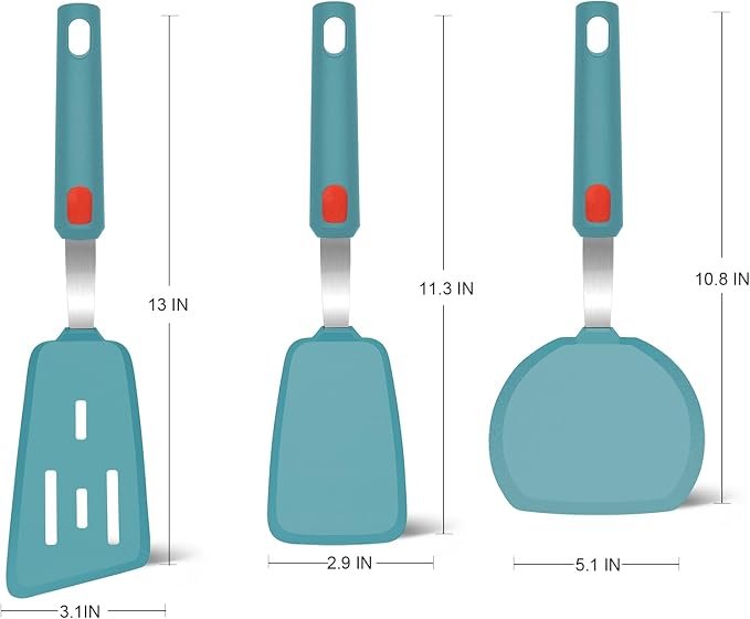 Beijiyi Silicone Spatula Turner Set of 3, 600°F Heat Resistant (Blue) | Flexible Spatulas for Nonstick Cookware, Cooking, Flipping, Egg & Pancake, BPA Free Kitchen Utensils, Dishwasher Safe