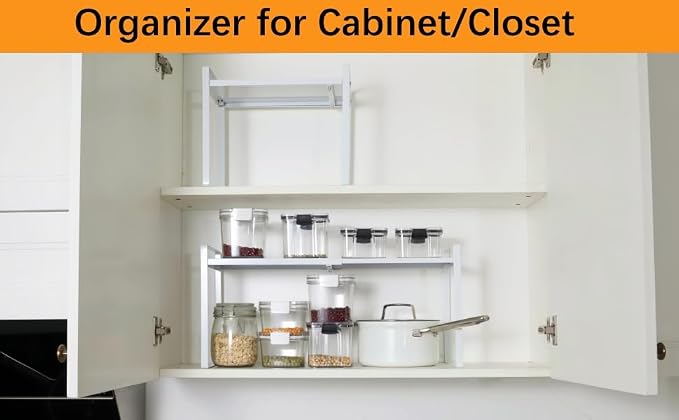 2 Pack Expandable Cabinet Shelf Organizer Riser for Kitchen Pantry Cupboard Under Sink Countertop (2 pack 8.2’’D * 12.2-21.6’’W * 10.4’’H) (white)