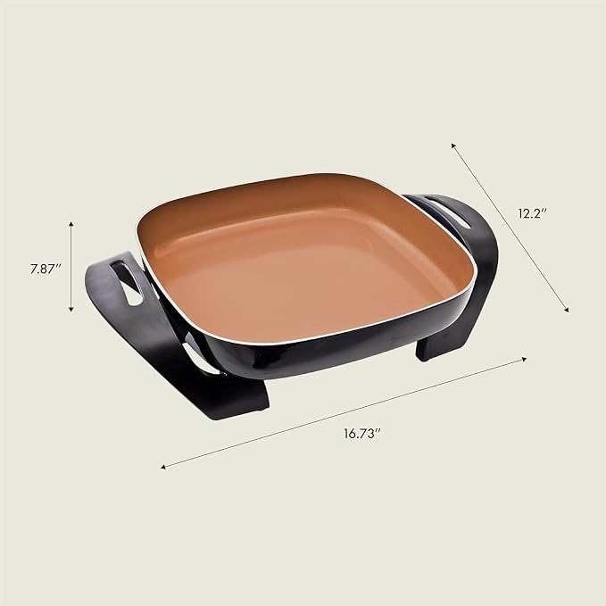 bella Electric Skillet and Frying Pan with Glass Lid, Nonstick Coating, Cool Touch Handles, Removable Heating Probe, Dishwasher Safe, 12 x 12 inch, Copper