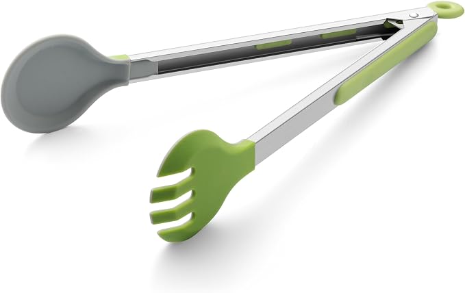 12 Inch Cooking Tongs, Stainless Steel Kitchen Tongs with Silicone Tips | 2-in-1 Design with 0.5oz Measure Spoon | for Cooking, Grilling, BBQ, Salad, Buffet, Serving | 12", Green