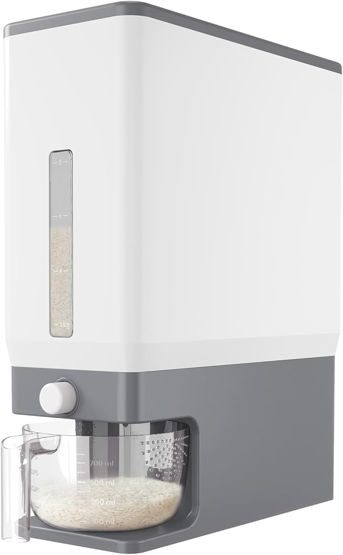 Lifewit Rice Dispenser 25 Lbs, Airtight Storage with Measuring Cup, Grey | BPA-Free 11.3kg Capacity Storage Container for Beans, Corn & Other Small Grains, One-Press Dispensing Bin for Kitchen Pantry