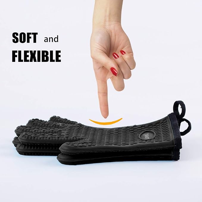 Silicone Oven Mitts Gloves - Heat Resistant, Non-Slip for BBQ, Grilling | 450°F Double-Layer｜Waterproof Kitchen Cooking Barbecue Mittens ｜5 Finger Hot Mitt for Baking, Smoker& Cast Iron(Small)