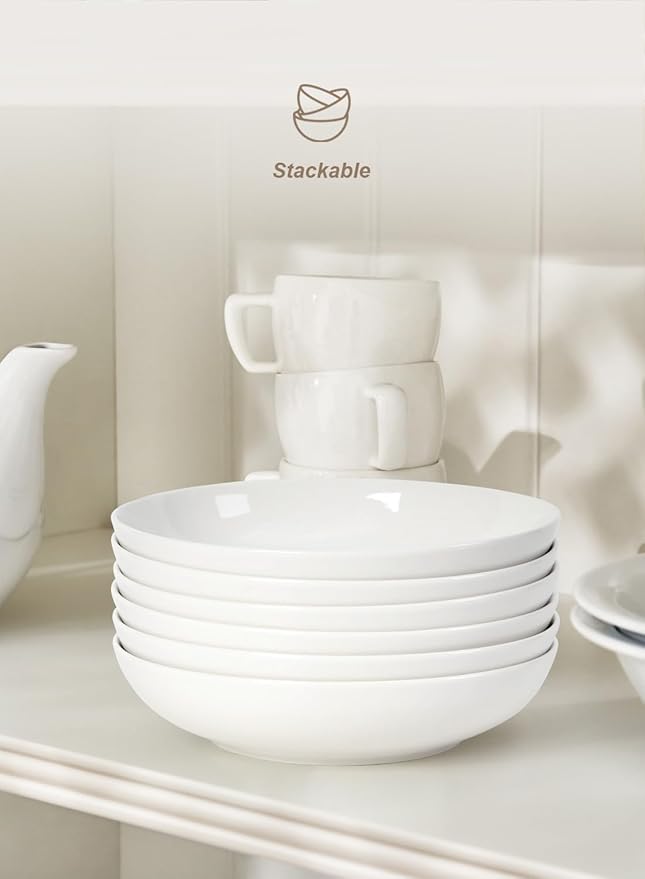 Quatish Pasta Bowls 30oz Set of 6, Salad Bowls Soup Bowl for Kitchen, Microwave & Dishwasher Safe, Large Porcelain Wide and Shallow Serving Bowl, White Dinner Plates, Dinnerware Set, Gift