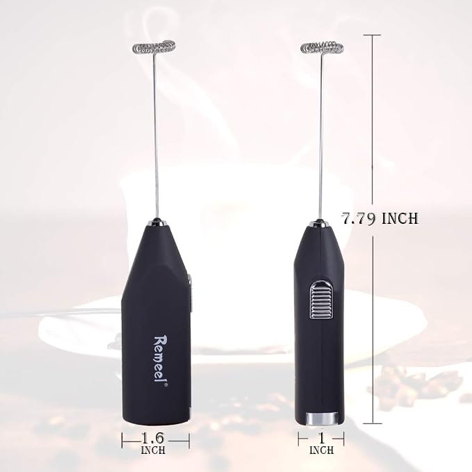 Handheld Milk Frother with Stainless Steel Whisk, Portable and Powerful Foam Maker for Morning Coffee, Latte, Cappuccino, Hot Chocolate (Black)