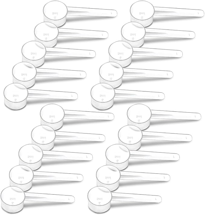 20 Pack Teaspoon Measuring Spoons, 1 Tsp (5 mL) Plastic Creatine Scoops | Clear short-handle 1 tsp scoops for creatine, coffee, spices, grains, powders, baking ingredients, supplements and dry goods.